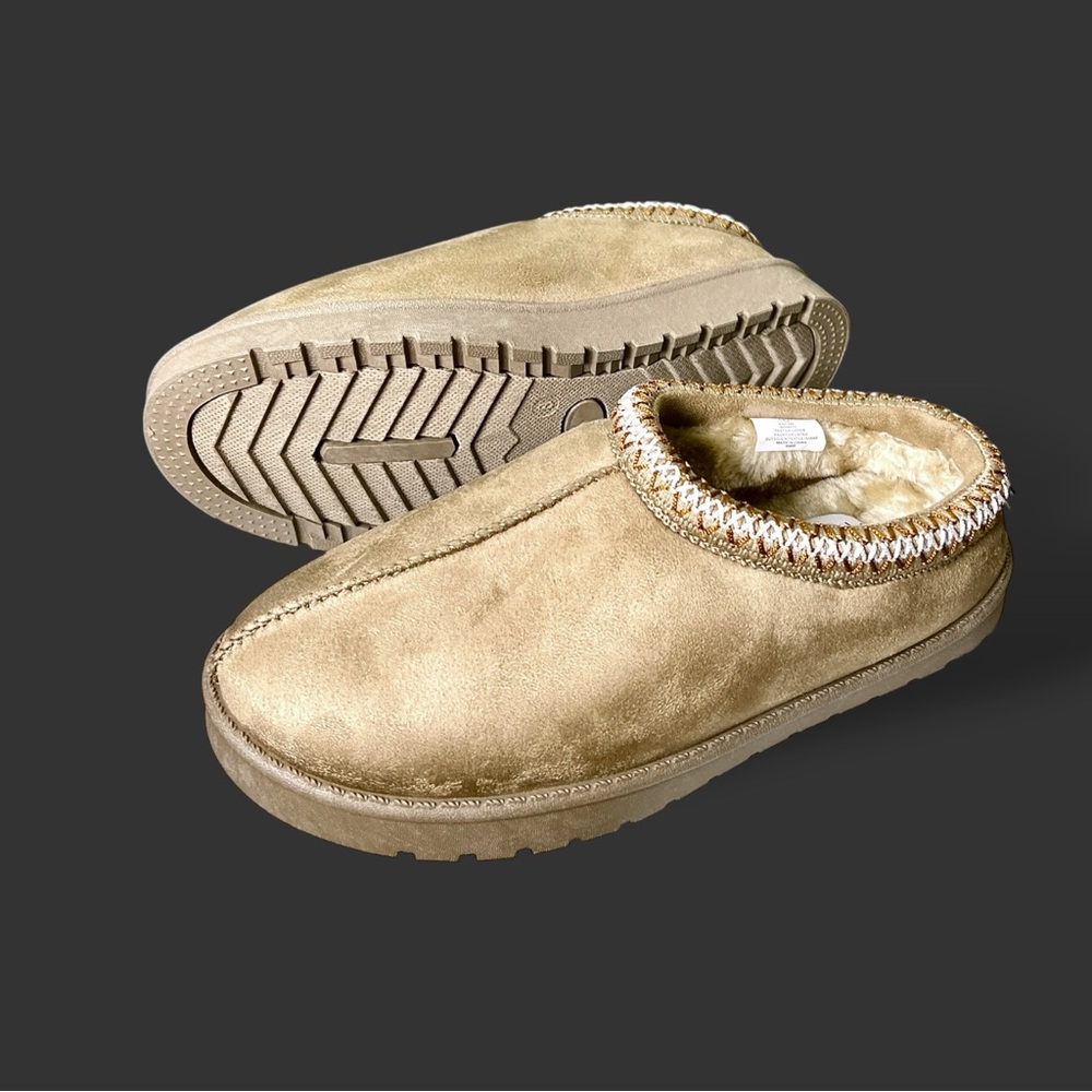 Aspen Women’s Tan Tabby Faux Shearling Winter Slide-On Shoes Sz 8